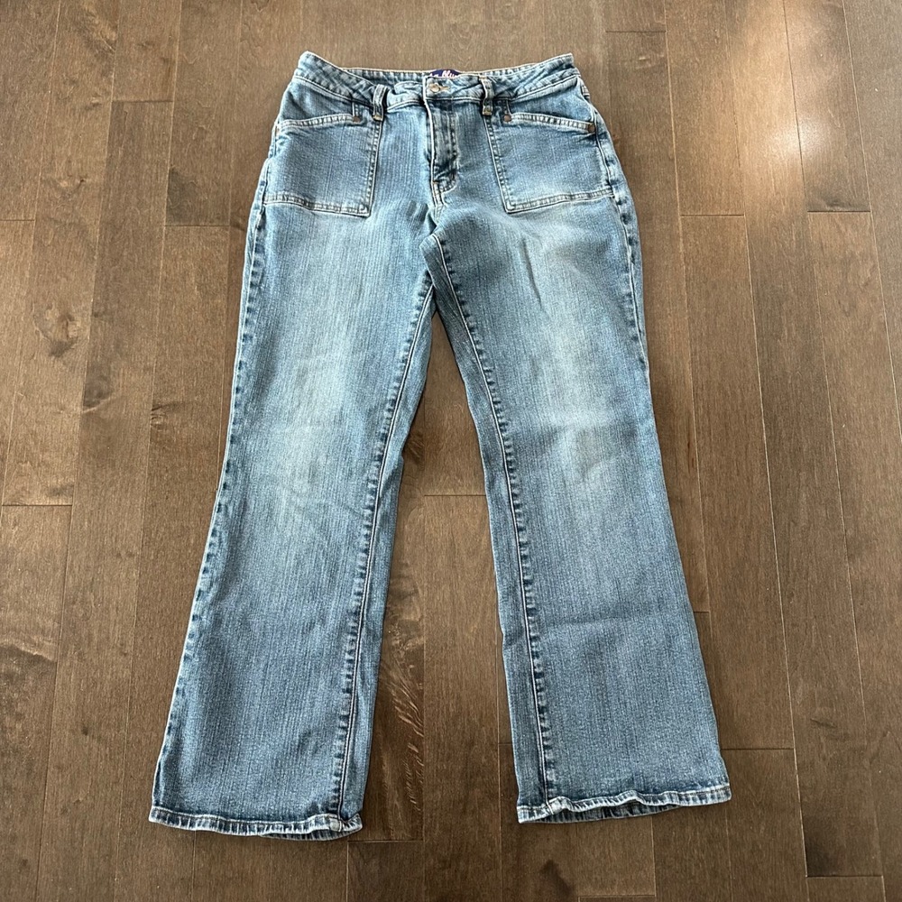Y2K LA Blues Stretch Mid‎ Rise Jeans Western Boot Cut Front Patch Pockets 12P